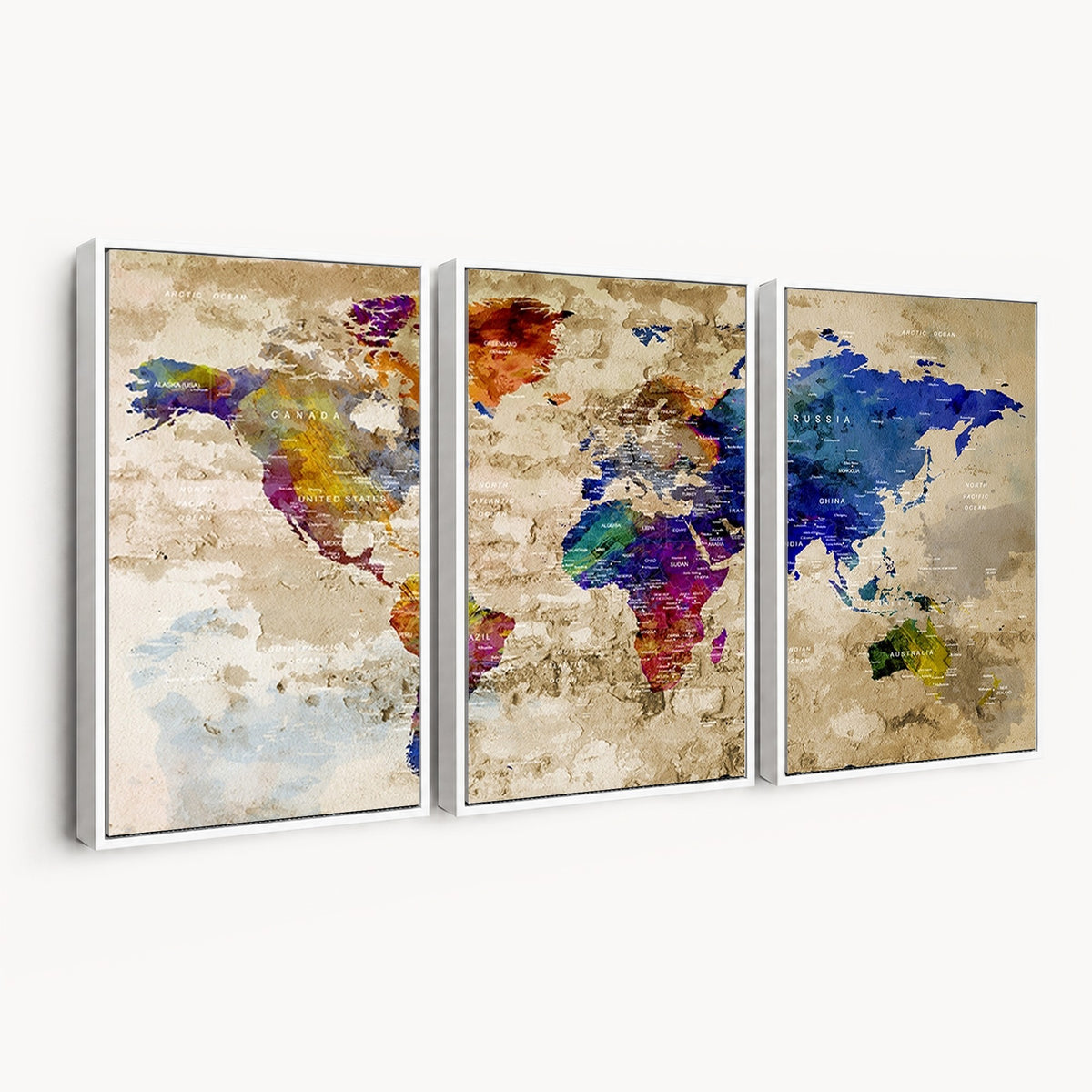 Colorful World Map Canvas Wall Art | Abstract Watercolor Map Print