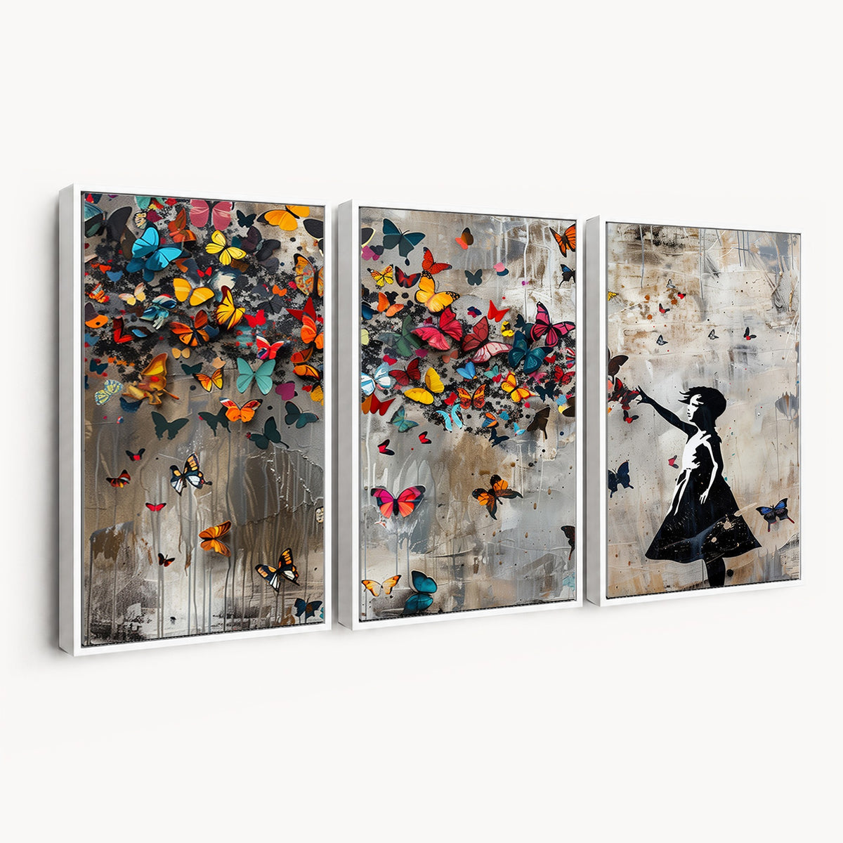 Banksy Wall Art, Banksy Girl and Butterfly Explosion Canvas Print | Extra Large 3 Piece Best Seller Wall Art