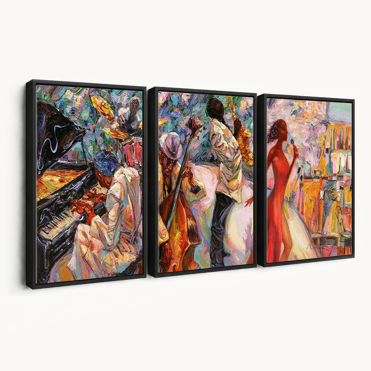 40574-_Poster-30x20 - Afro American Jazz Band Canvas Wall Art | 3 Panel Music Studio Decor