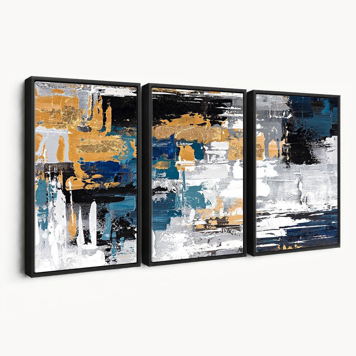 57708-_Poster-30x20 - Blue and Gold Abstract Canvas Wall Art | Triptych Modern Art Print