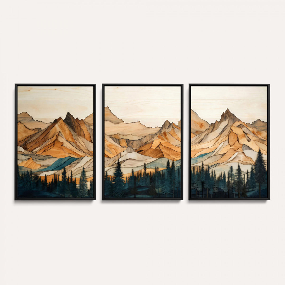 31576-PAN-FL-20X10 - Rustic Wood Mountain Wall Art Print | Triptych Giclee Print Featuring Handcrafted Forest and