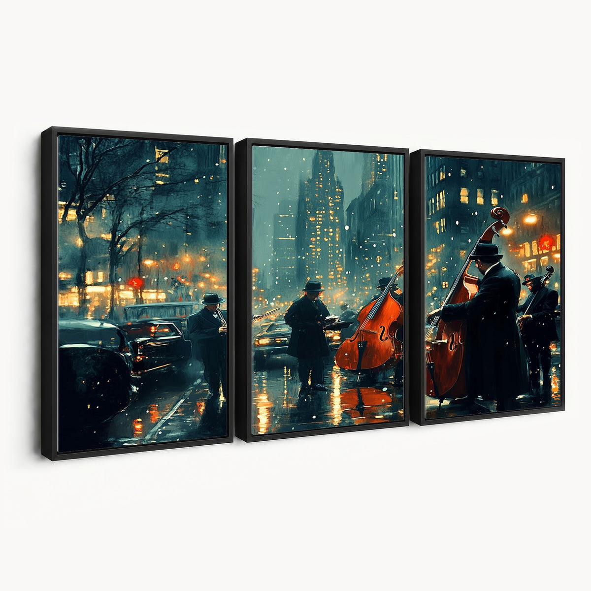 53391-MGV-CV-24X16 - Urban Night Jazz Wall Art Canvas Print | Moody Rain Soaked City Street Band Scene