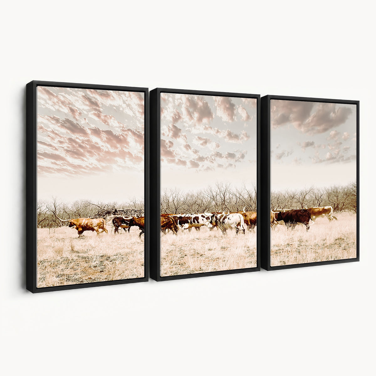 64892775-MGV-CV-24X16 - Longhorn Cattle Wall Art Canvas Print, Framed Texas Ranch Art, Western Cow Print, Prairie Landscape Decor