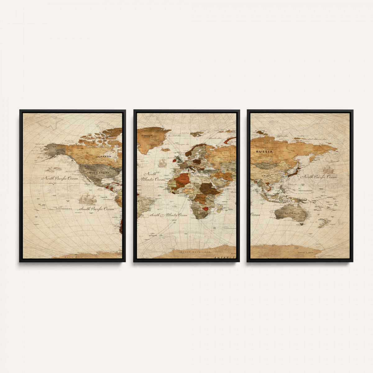 29684537-MGV-CV-36X24 - Vintage World Map Canvas Print, Framed Rustic Detailed Map of the World, Explorer Decor