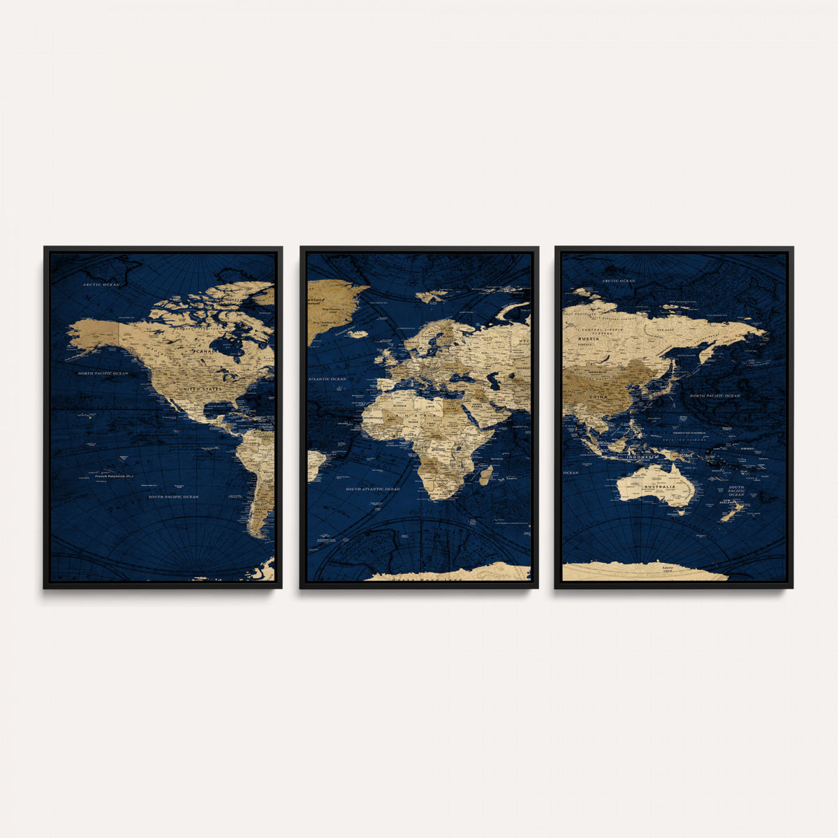 54770746-MGV-CV-36X24 - Navy Blue World Map Canvas Print – Detailed Map Minimal Navy