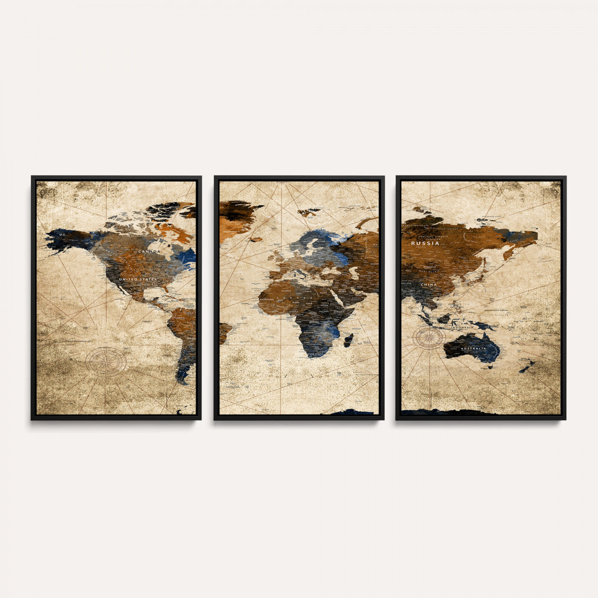 27163414-MGV-CV-36X24 - World Map Wall Art – Rustic Earth Tone Canvas Print, Antique