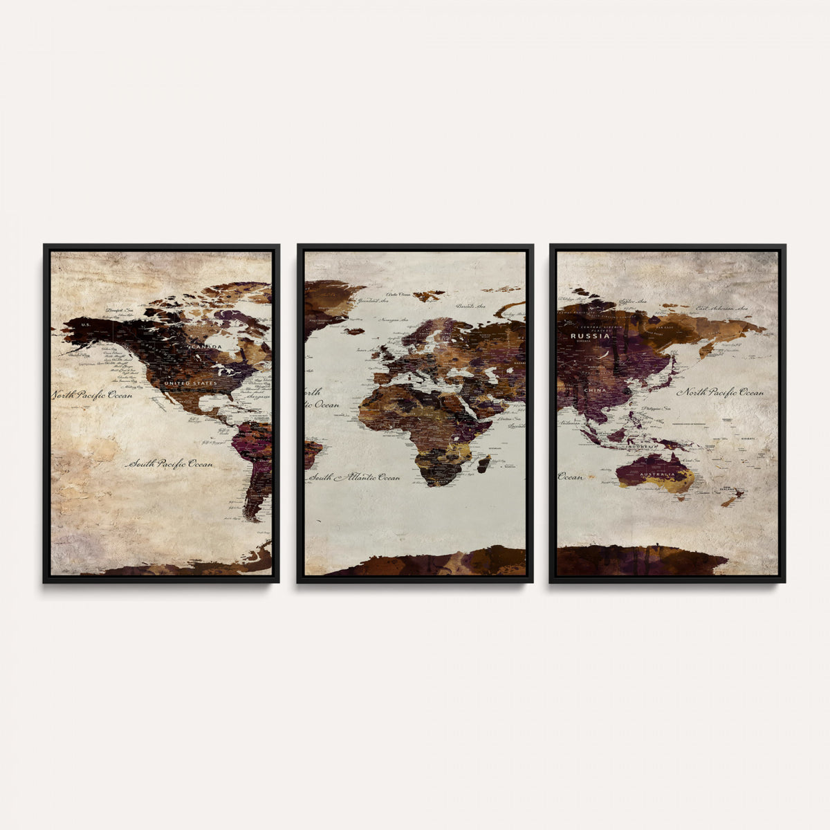 50611123-MGV-CV-36X24 - World Map Canvas Triptych | Colorful Global Wall Art for Living Rooms