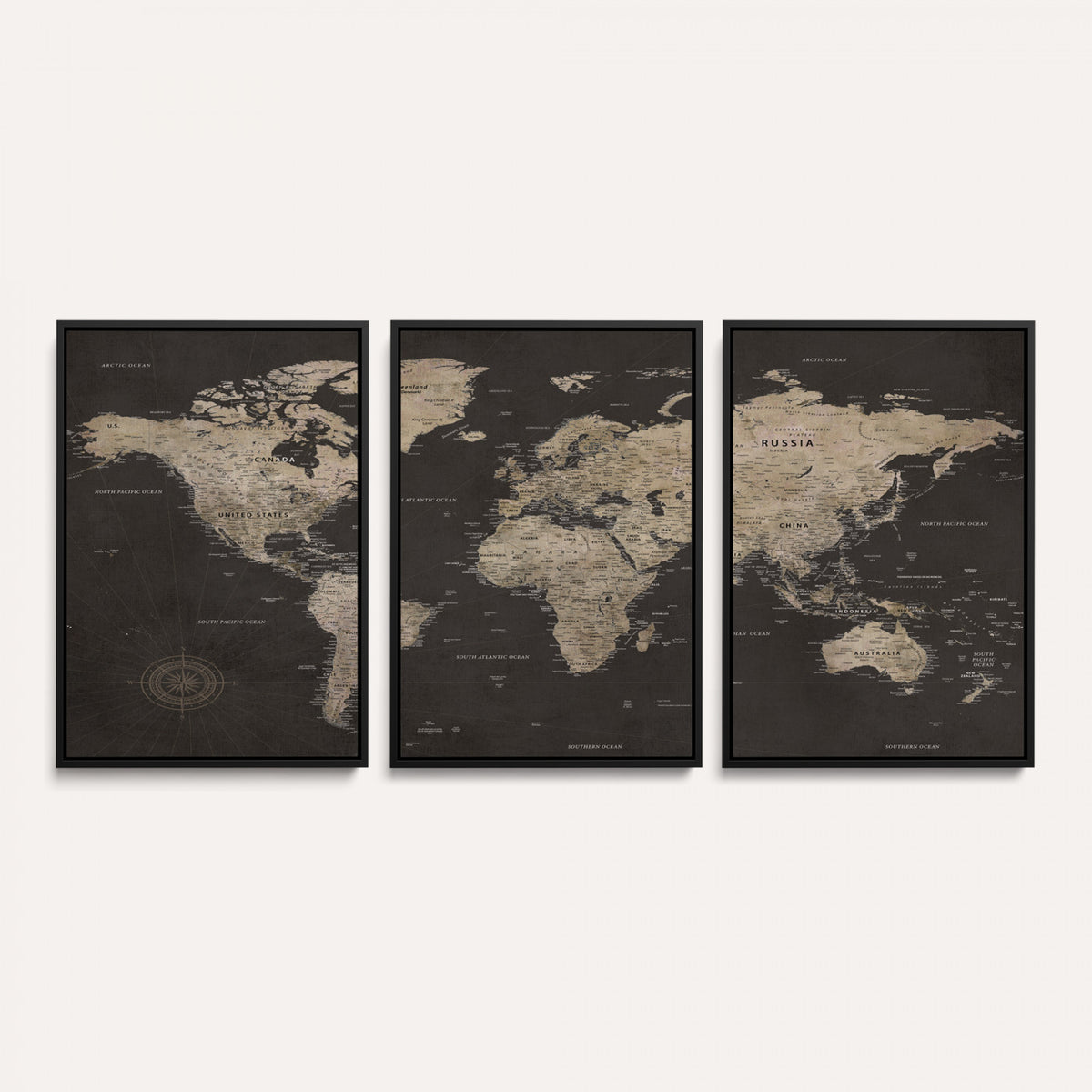 56556018136-MGV-CV-36X24 - World Map Canvas Wall Art Dark Charcoal Antique Tan Detailed