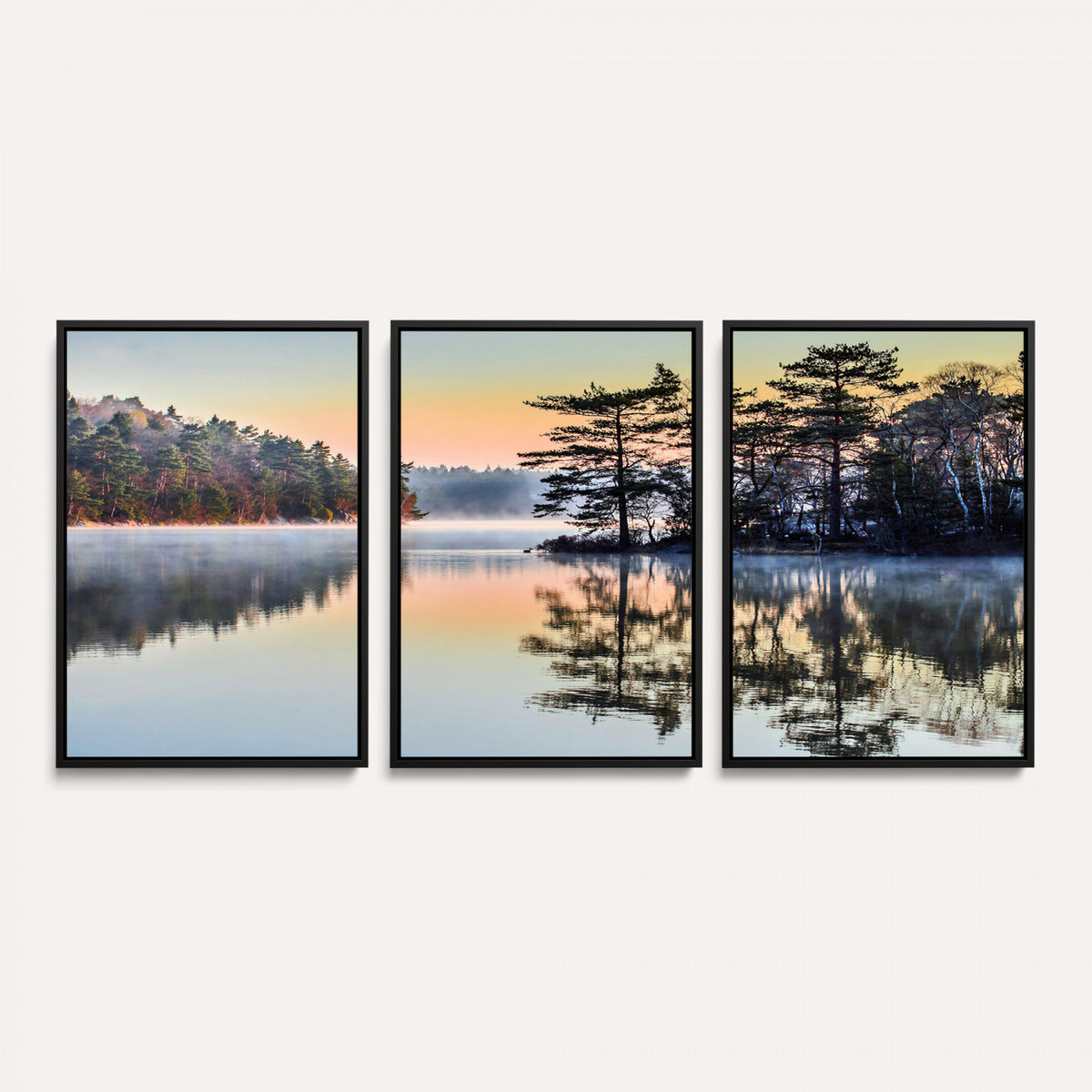 34236027-MGV-CV-36X24 - Before People Wake Canvas Wall Art Print, Misty Lake Sunrise Landscape, Forest Reflection Nature Decor, Ready to Hang