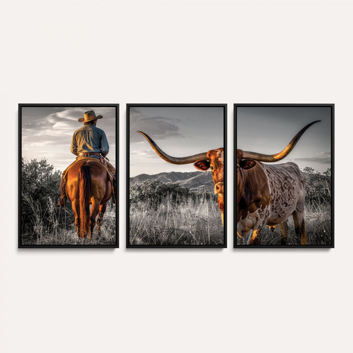 17066920-MGV-CV-60X30-3P - Extra Large Cowboy and Longhorn Wall Art Canvas Print