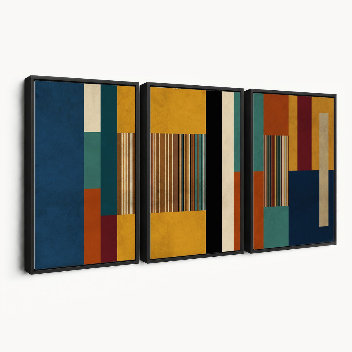 53992657-MGV-CV-48X32-3P - Mid Century Abstract Color Block Canvas Wall Art, Geometric Striped Canvas Print