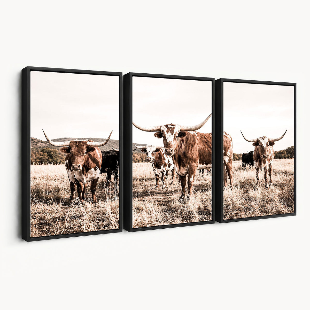 25234808-MGV-CV-48X32-3P - Texas Longhorn Cattle Canvas Wall Art, Western Ranch Home Decor