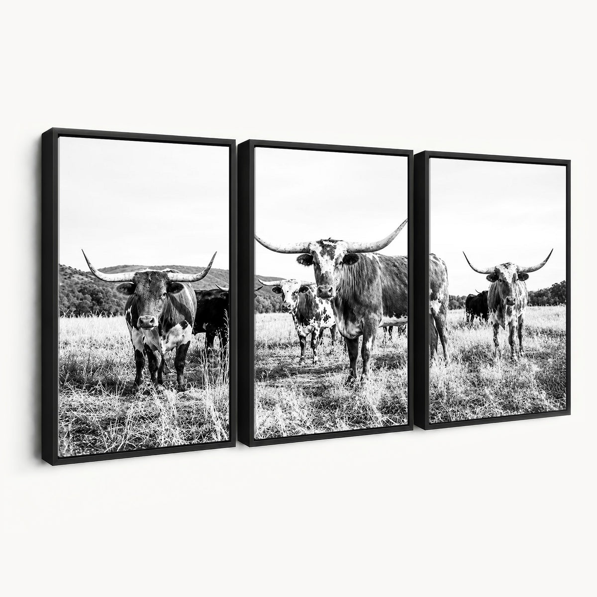 73228277-MGV-CV-48X32-3P - Black and White Longhorn Cattle Canvas Print, Western Ranch Wall Decor