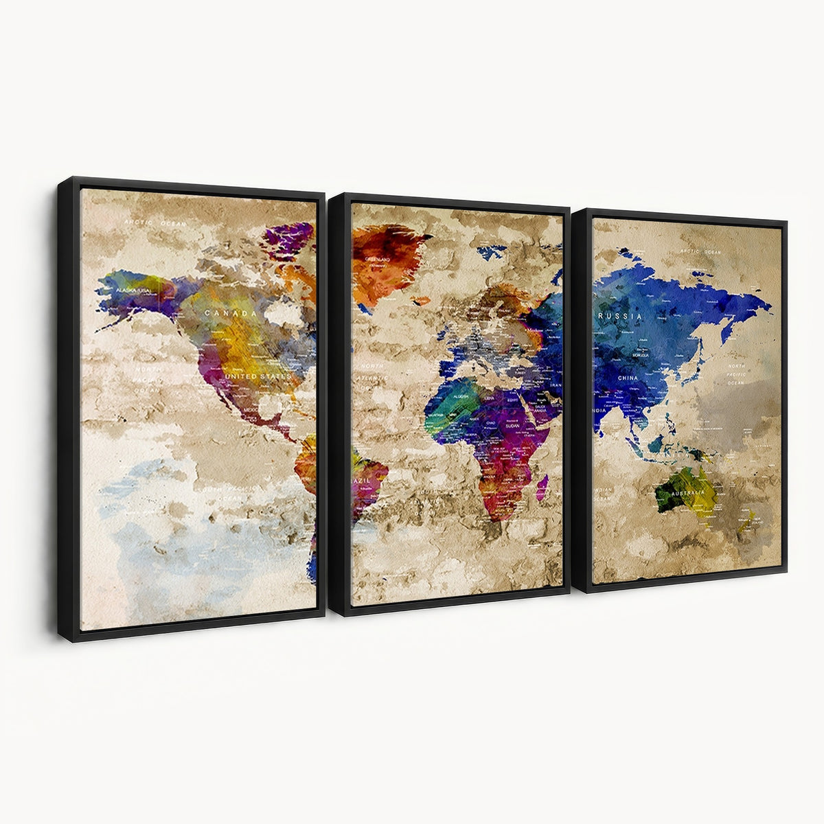 Colorful World Map Canvas Wall Art | Abstract Watercolor Map Print