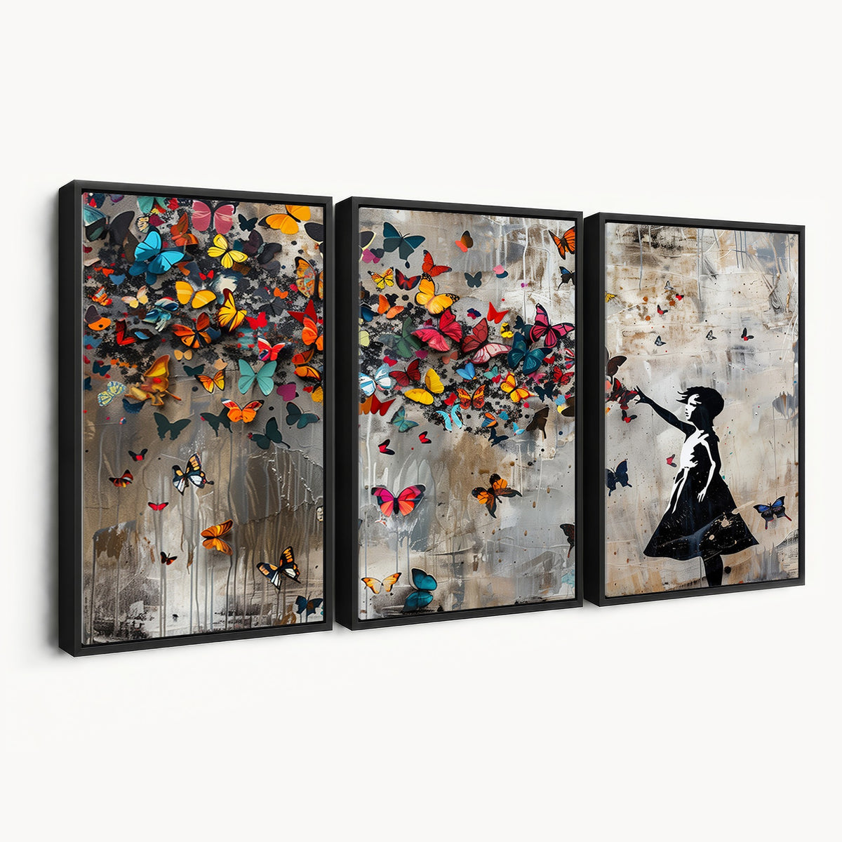 40269-MGV-CV-24X16 - Banksy Wall Art, Banksy Girl and Butterfly Explosion Canvas Print | Extra Large 3 Piece Best Seller Wall Art
