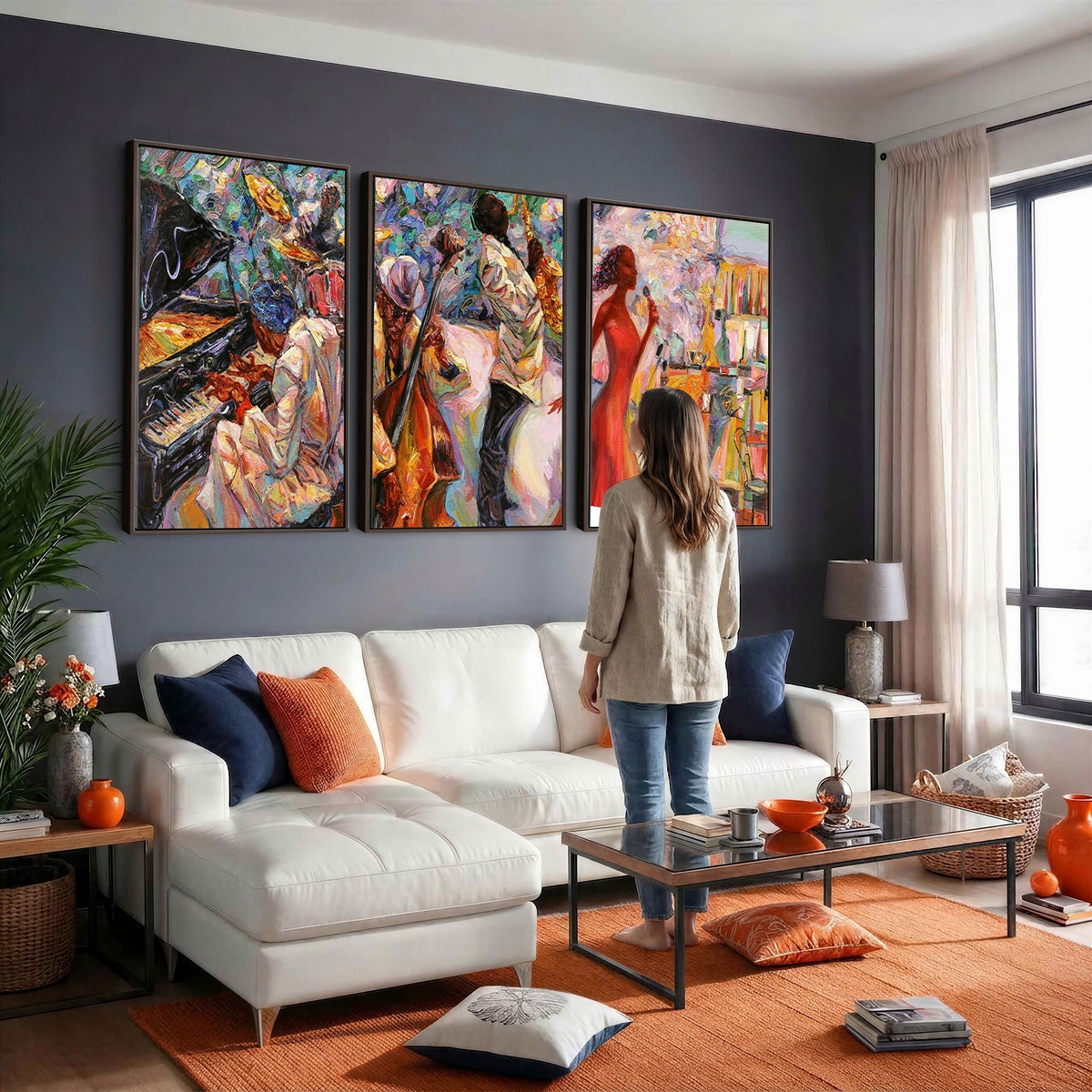 40574-_Poster-30x20 - Afro American Jazz Band Canvas Wall Art | 3 Panel Music Studio Decor