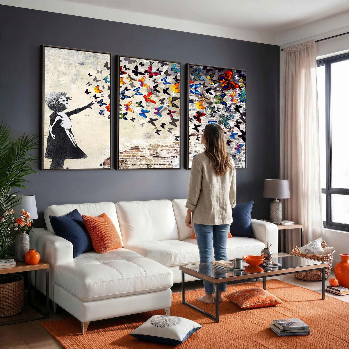 97895-MGV-CV-24X16 - Banksy Graffiti Wall Art Canvas Print, Girl Releasing Vibrant Butterflies