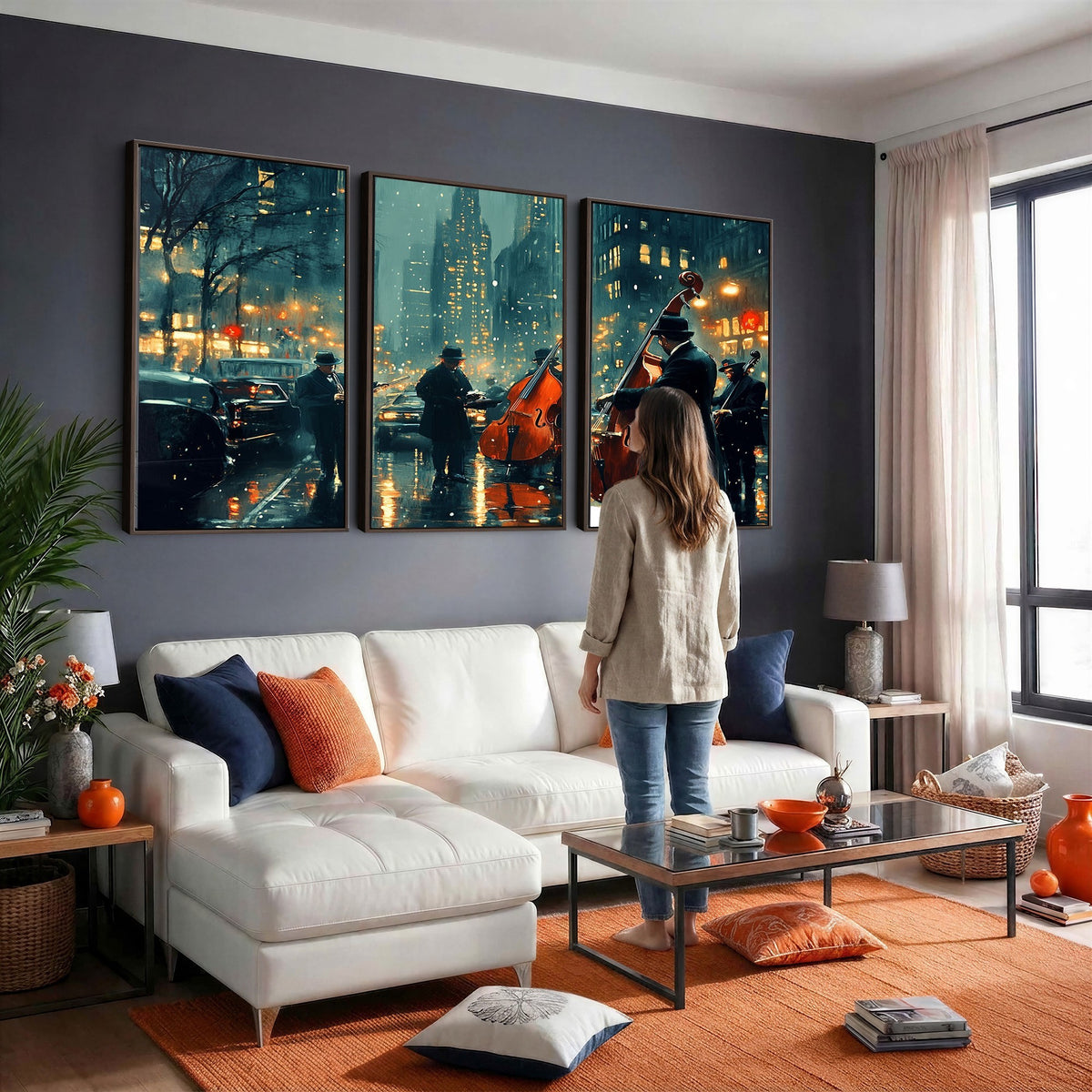 53391-MGV-CV-24X16 - Urban Night Jazz Wall Art Canvas Print | Moody Rain Soaked City Street Band Scene