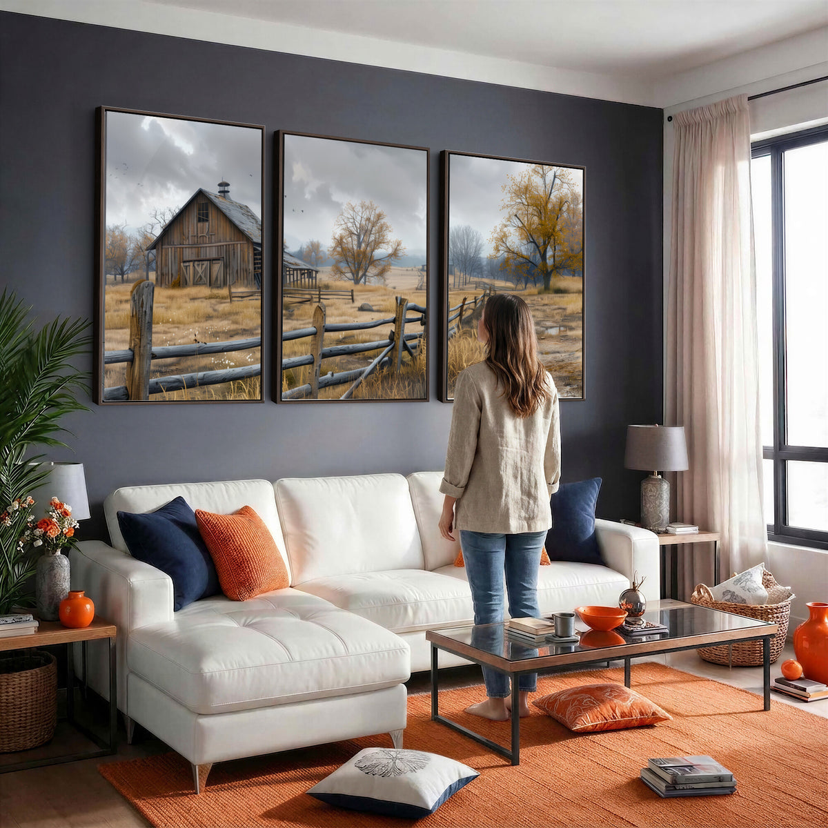 Farm1-MGV-CV-36X24 - Rustic Autumn Farmhouse Wall Art Canvas Print | Serene Countryside with Weathered Barn