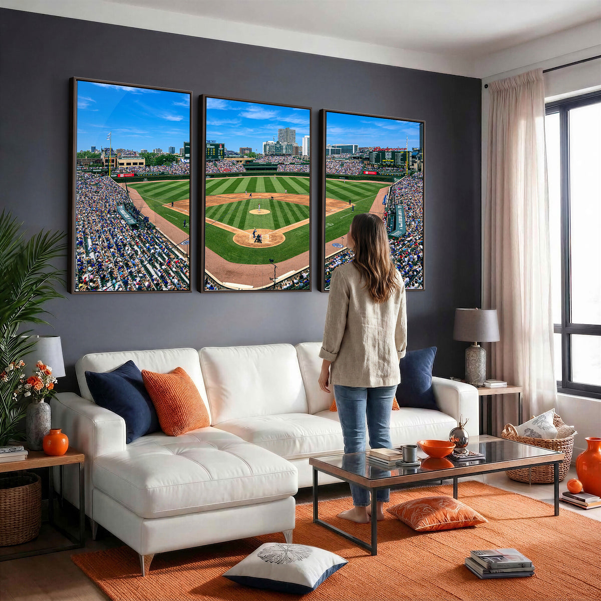 35800083-MGV-CV-36X24 - Wrigley Field Baseball Stadium Canvas Wall Art – Packed Crowd Sports Stadium City Skyline Artwork for Home Office