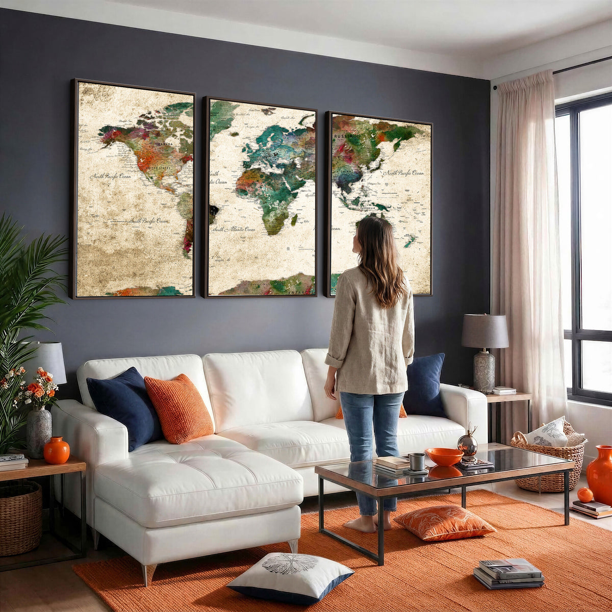 87544591-MGV-CV-36X24 - World Map Wall Art Canvas Print, Modern Decorative Framed Map Artwork Prints for Living Room, Office, Bedroom Wall Decor