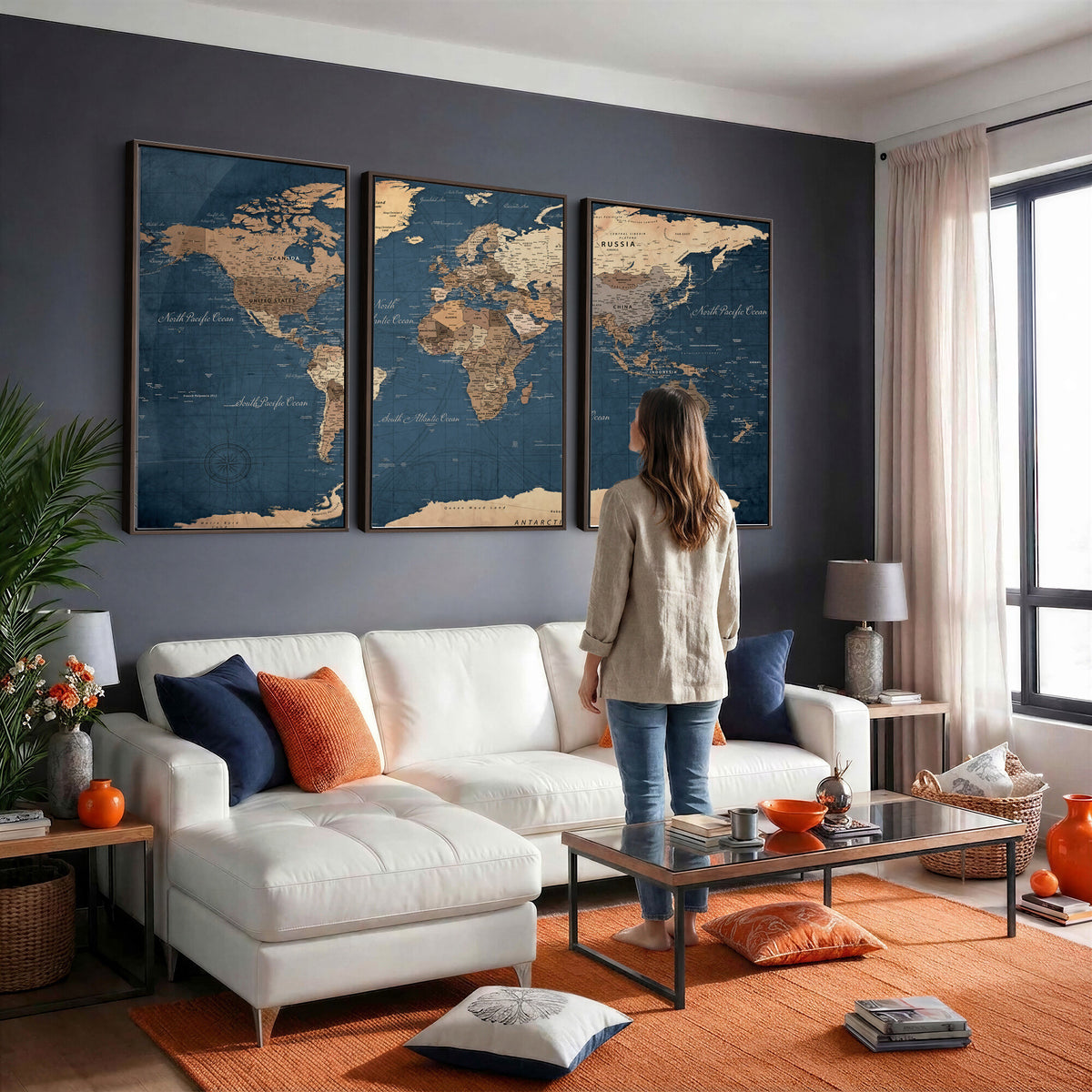 69886352-MGV-CV-36X24 - World Map Wall Art Canvas Print, Modern Decorative Framed Map Artwork Prints for Living Room, Office, Bedroom Wall Decor