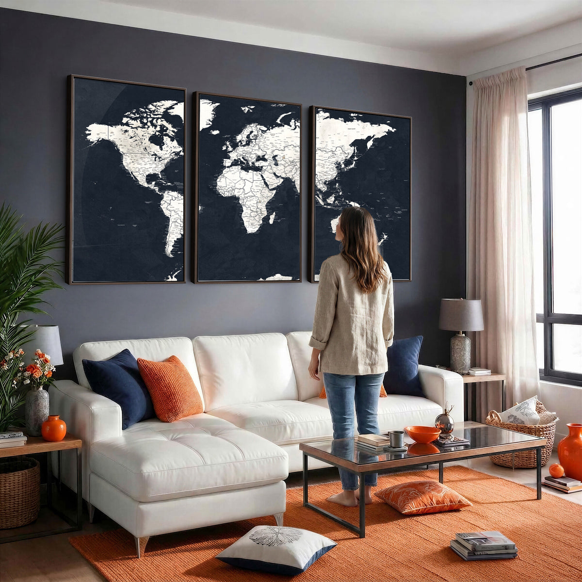 11963807-MGV-CV-36X24 - Black World Map Wall Art Canvas Print for Home Office and Meeting Room Decor