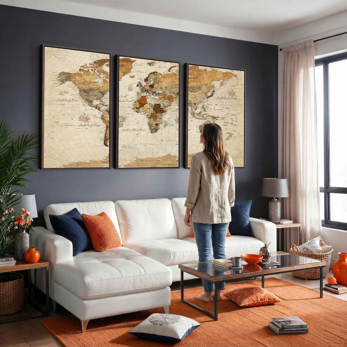 29684537-MGV-CV-36X24 - Vintage World Map Canvas Print, Framed Rustic Detailed Map of the World, Explorer Decor