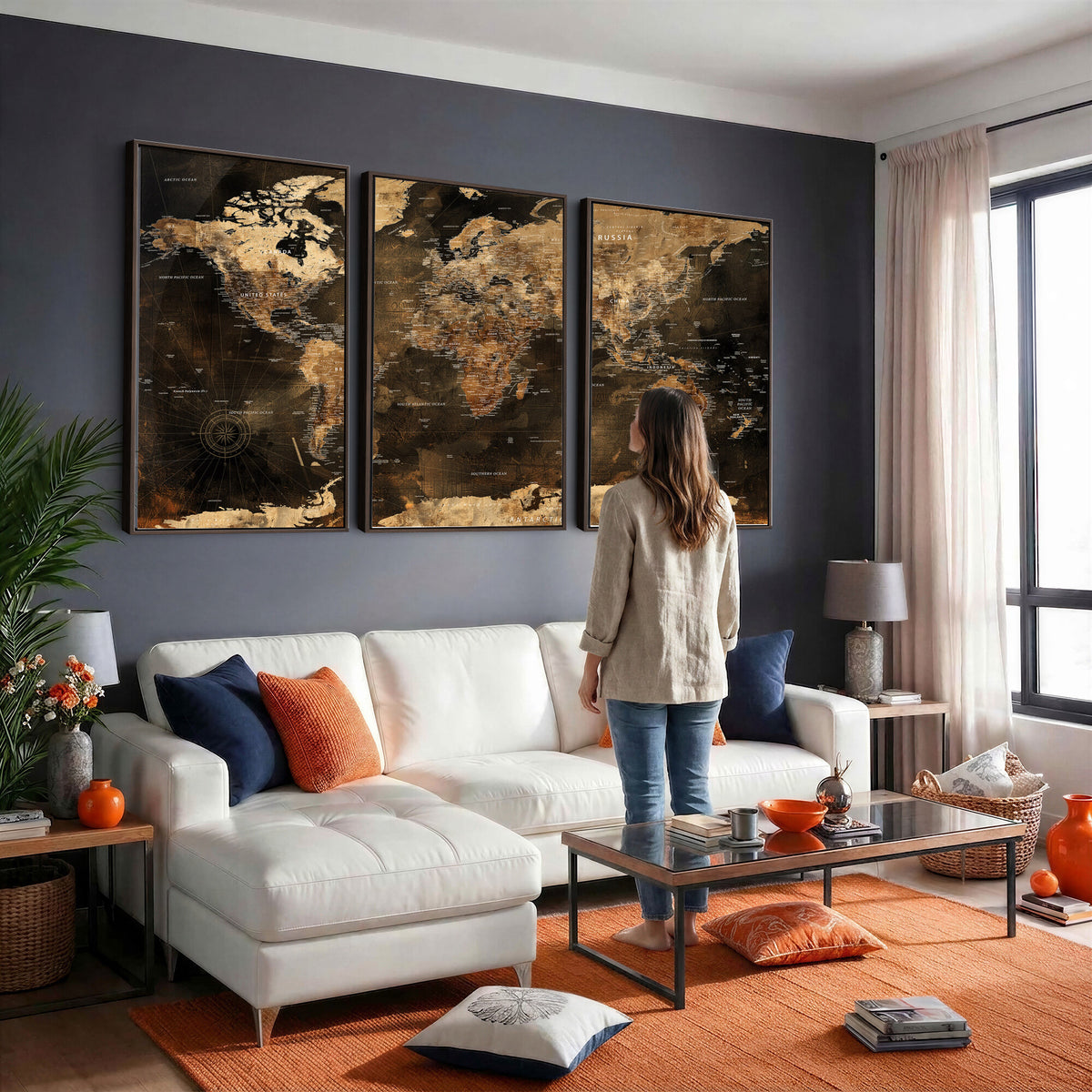97742922-MGV-CV-36X24 - World Map Canvas Print, Modern Decorative Framed Map Artwork