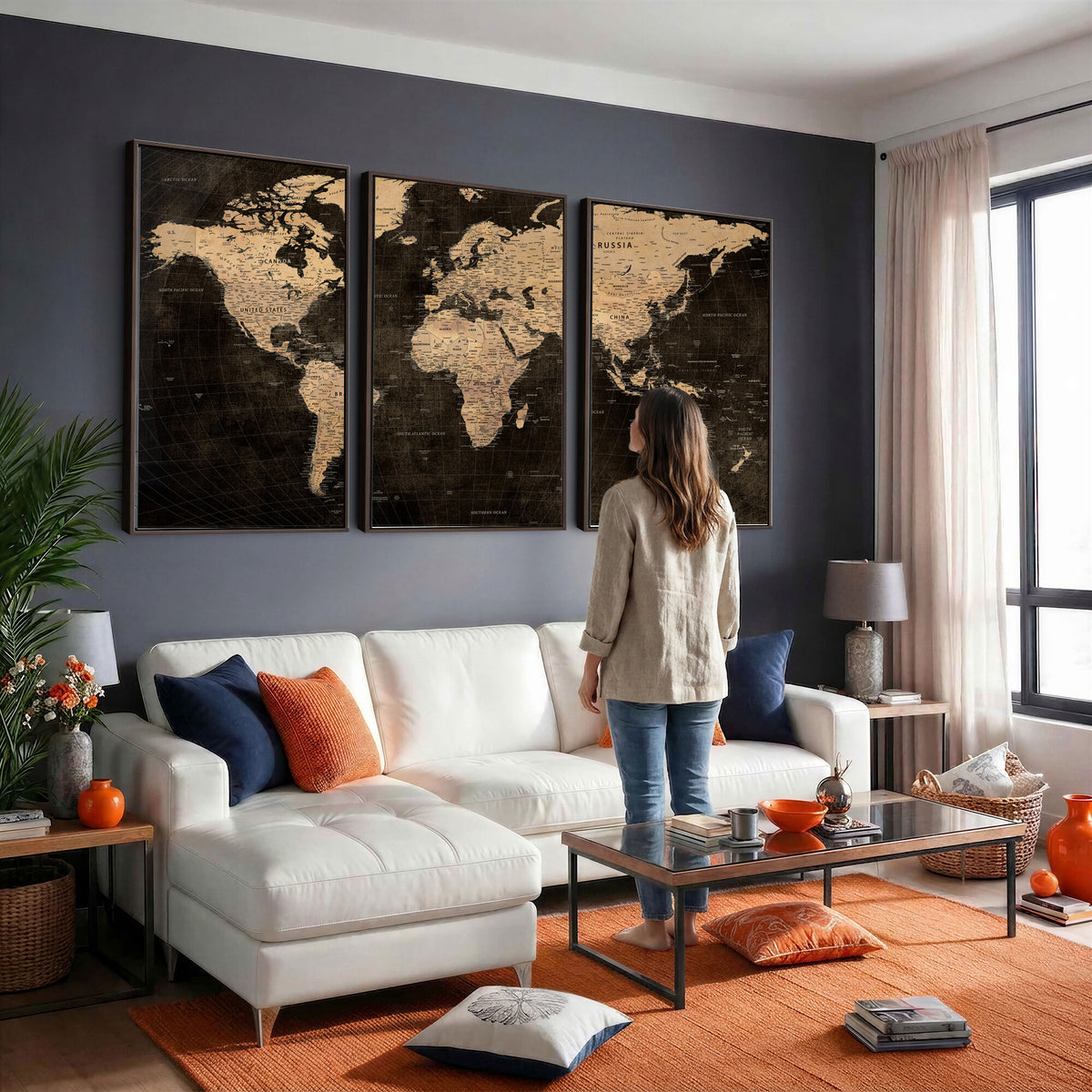 15118265-MGV-CV-36X24 - Brown World Map Canvas Print | Modern Travel Map Wall Art