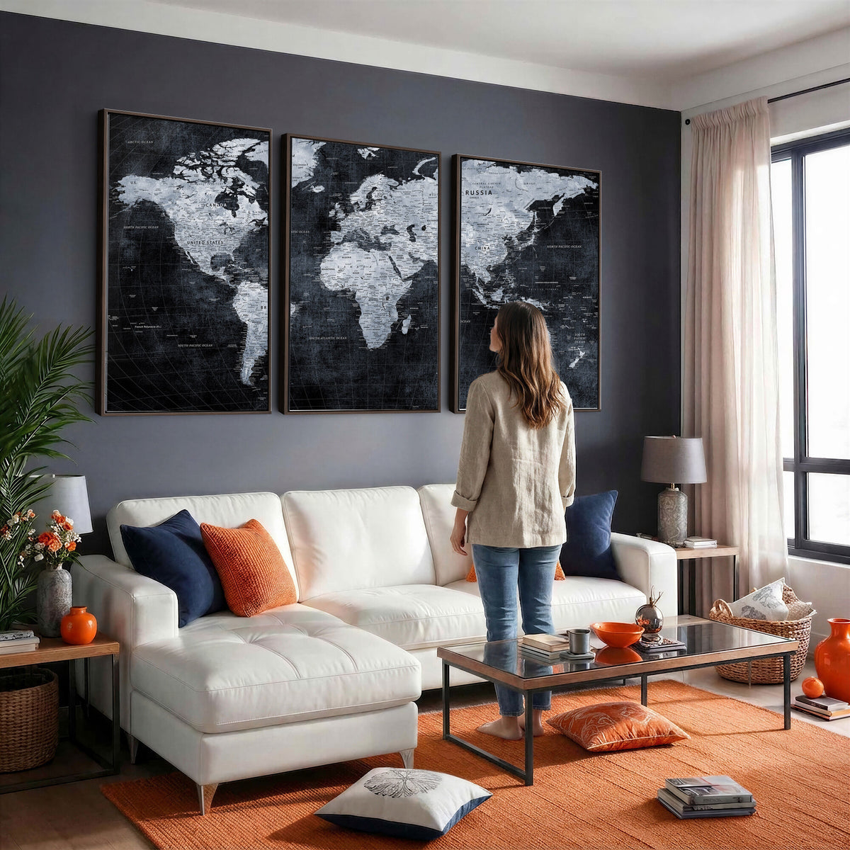 86893704-MGV-CV-36X24 - Black World Map Canvas Print | Detailed Map for Couples and Anniversary Gift