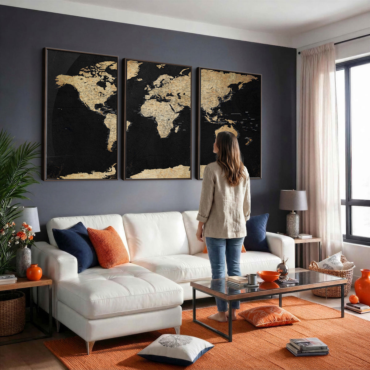 71518849-MGV-CV-36X24 - Beige World Map Canvas Wall Art Print, Minimal Black and
