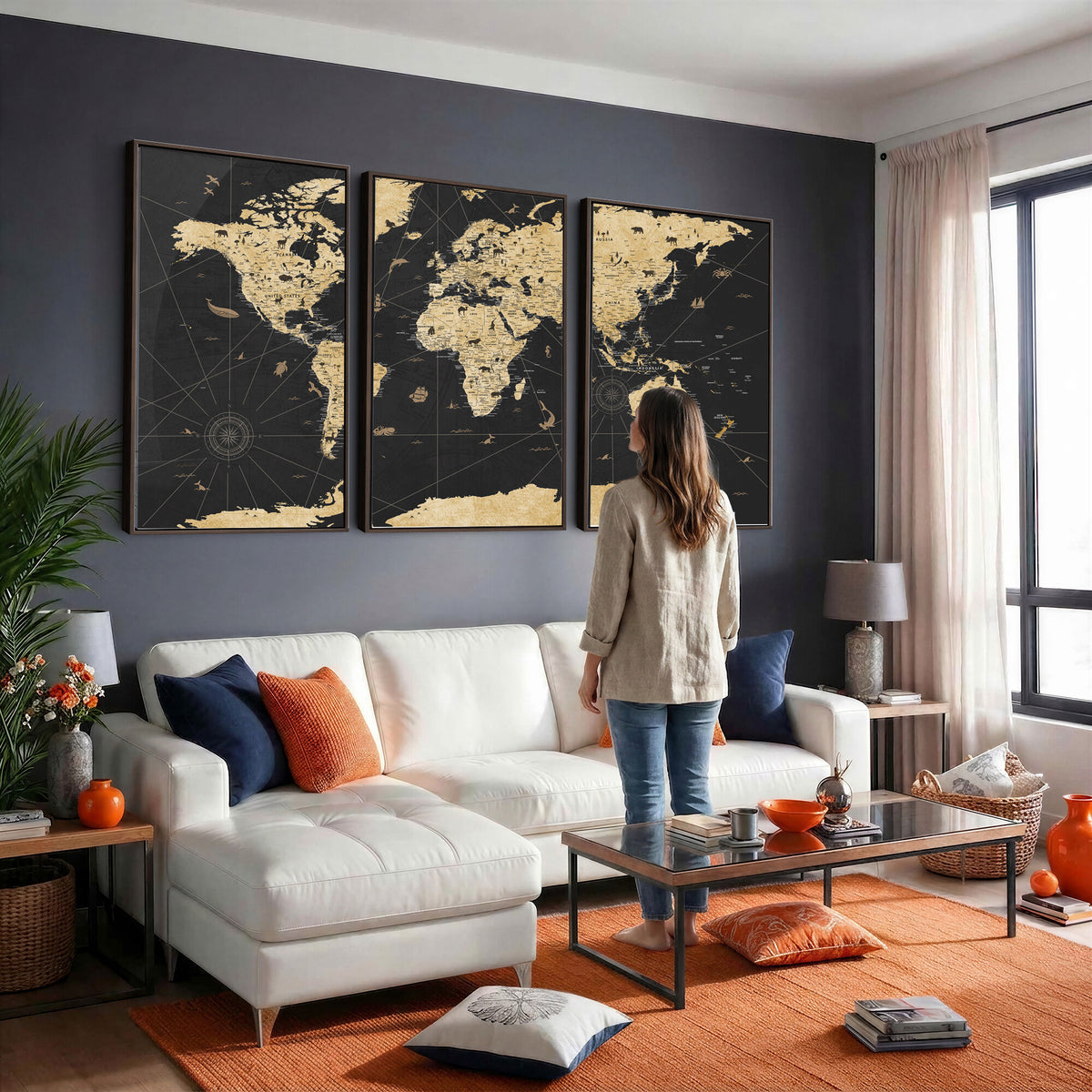 80270976-MGV-CV-36X24 - World Map Wall Art Canvas Print, Modern Decorative Framed Map Artwork Prints for Living Room, Office, Bedroom Wall Decor