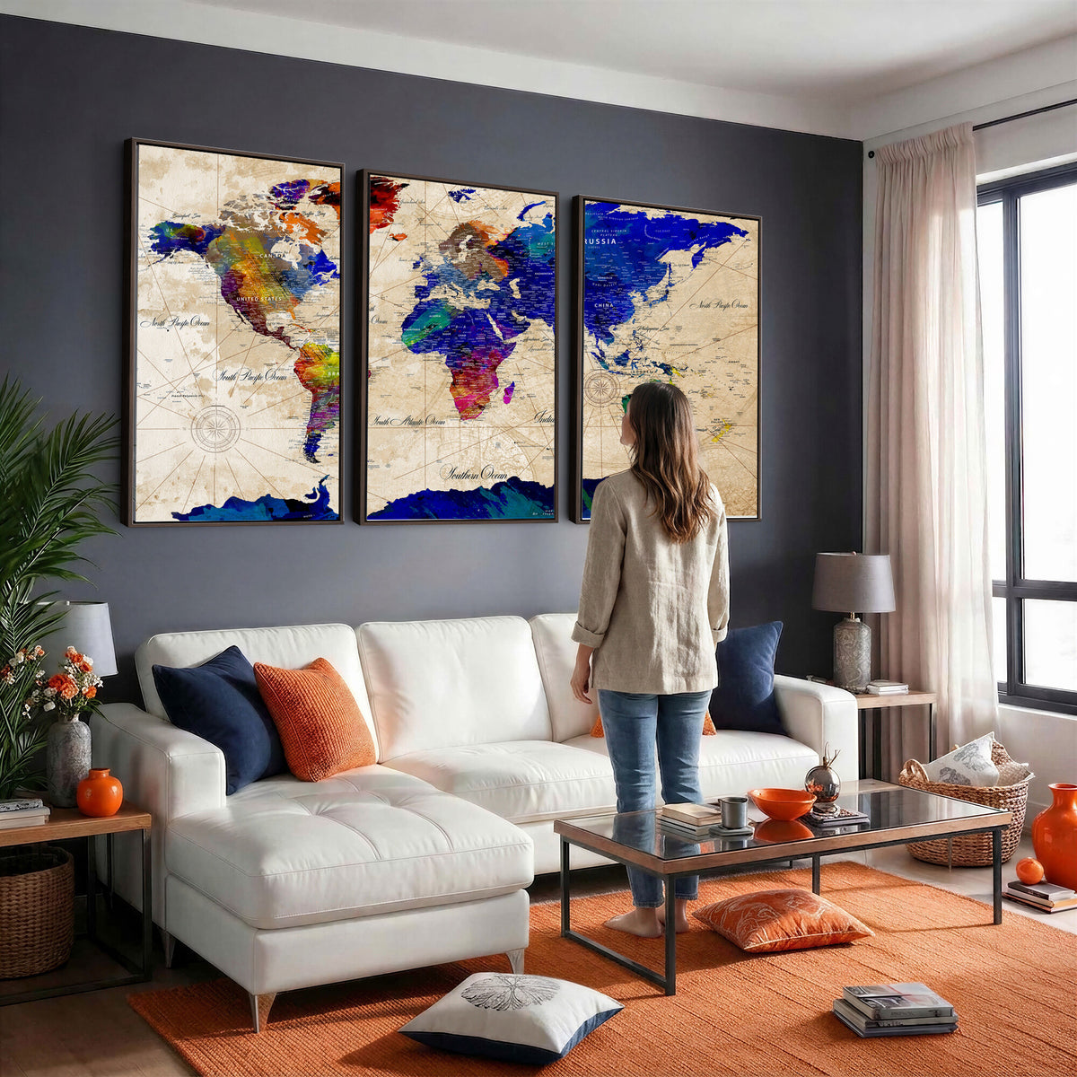 26284075-MGV-CV-36X24 - World Map Wall Art Canvas Print, Modern Decorative Framed Map Artwork Prints for Living Room, Office, Bedroom Wall Decor