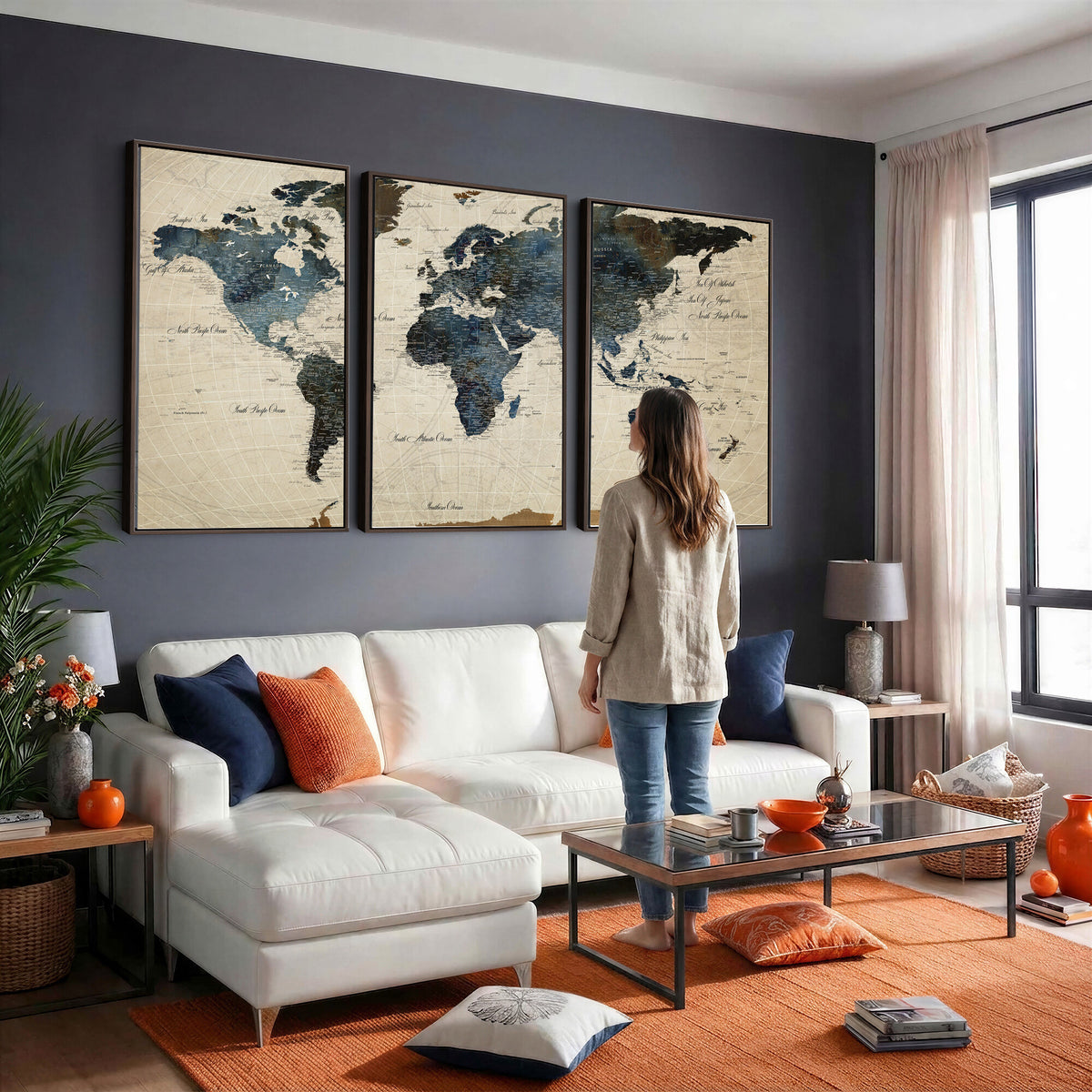 72927803-MGV-CV-36X24 - World Map Wall Art Canvas Print, Modern Decorative Framed Map Artwork Prints for Living Room, Office, Bedroom Wall Decor
