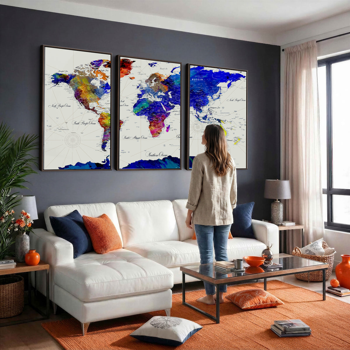 49670038-MGV-CV-36X24 - World Map Wall Art Canvas Print, Modern Decorative Framed Map Artwork Prints for Living Room, Office, Bedroom Wall Decor