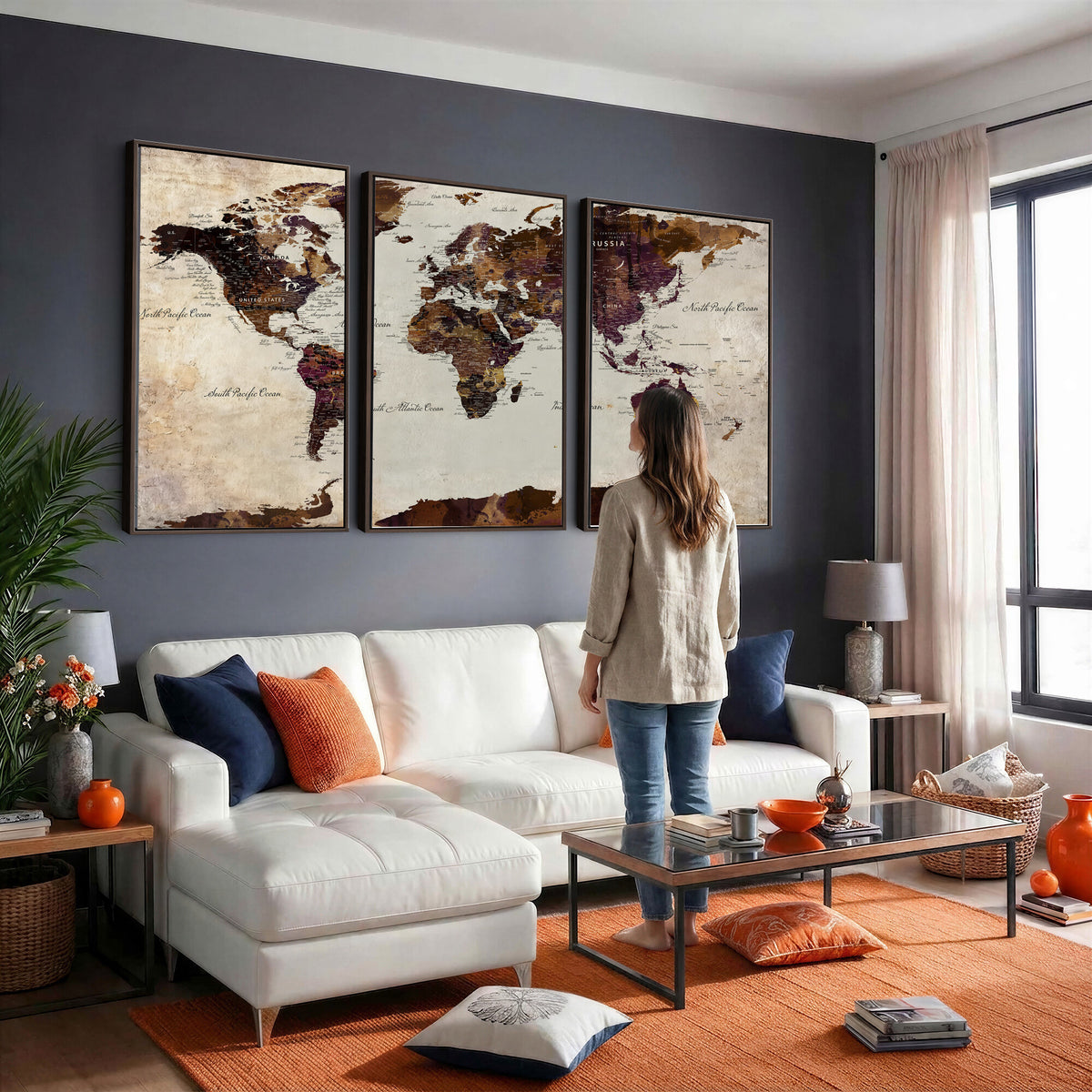 50611123-MGV-CV-36X24 - World Map Canvas Triptych | Colorful Global Wall Art for Living Rooms