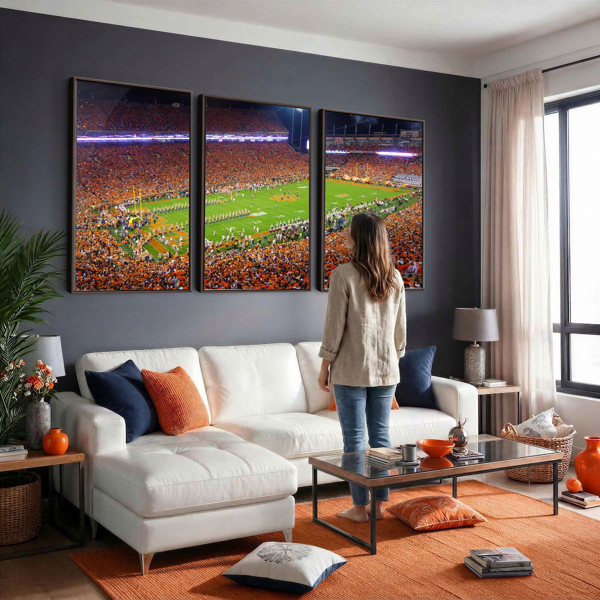 43662631-MGV-CV-36X24 - Clemson Football Stadium Wall Art Canvas Print, College Football Crowd Night Game Scene, Orange Stadium Panorama Wall Decor