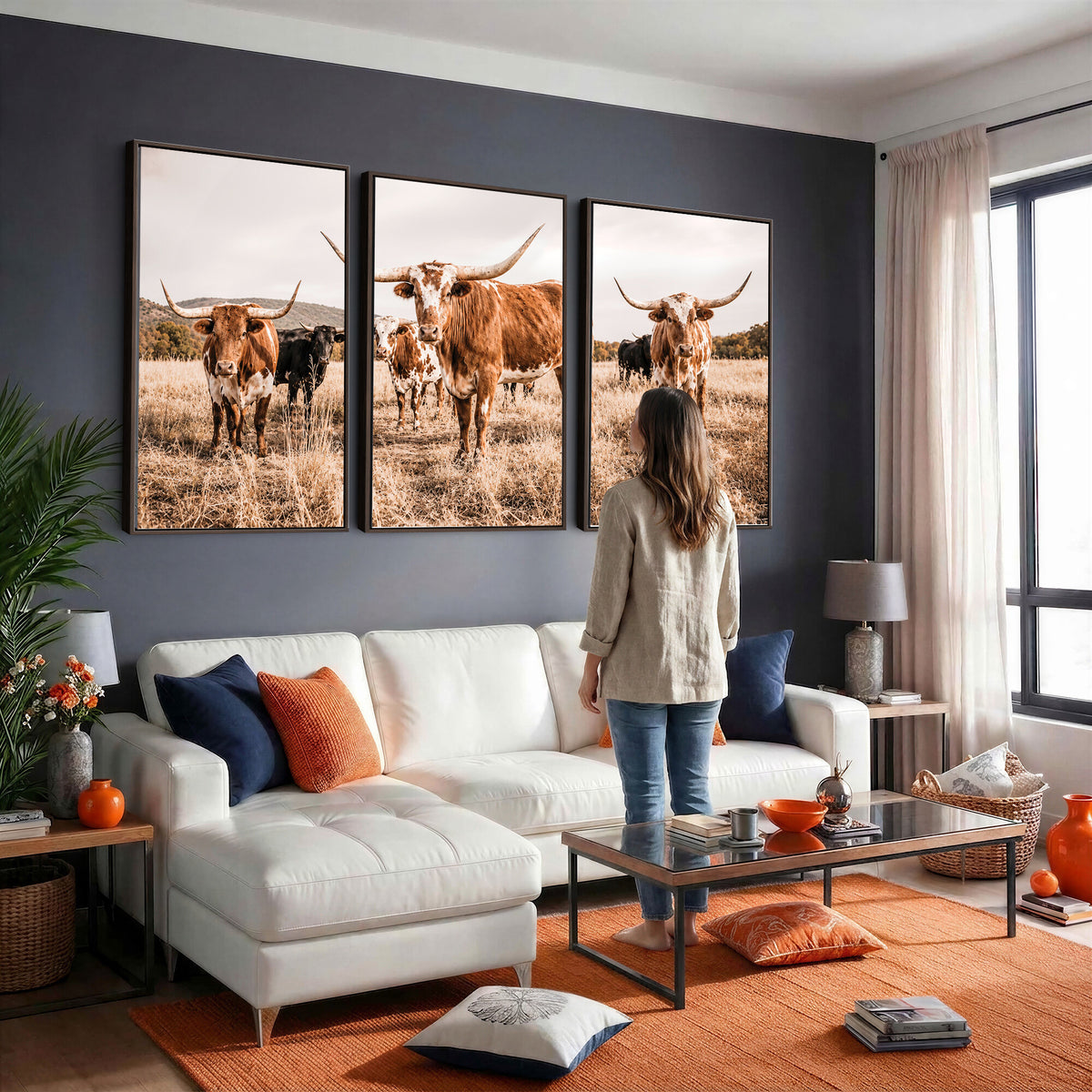 27539727-MGV-CV-36X24 - Texas Longhorn Cattle Wall Art Canvas Print, Sepia Western Decor