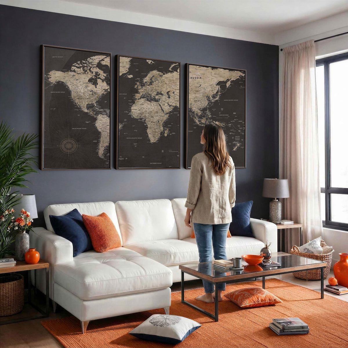 56556018136-MGV-CV-36X24 - World Map Canvas Wall Art Dark Charcoal Antique Tan Detailed