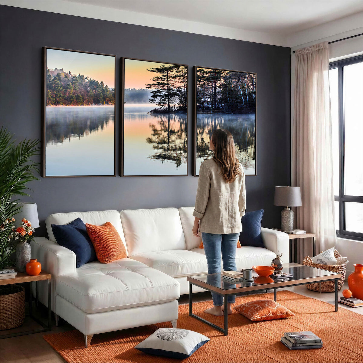 34236027-MGV-CV-36X24 - Before People Wake Canvas Wall Art Print, Misty Lake Sunrise Landscape, Forest Reflection Nature Decor, Ready to Hang
