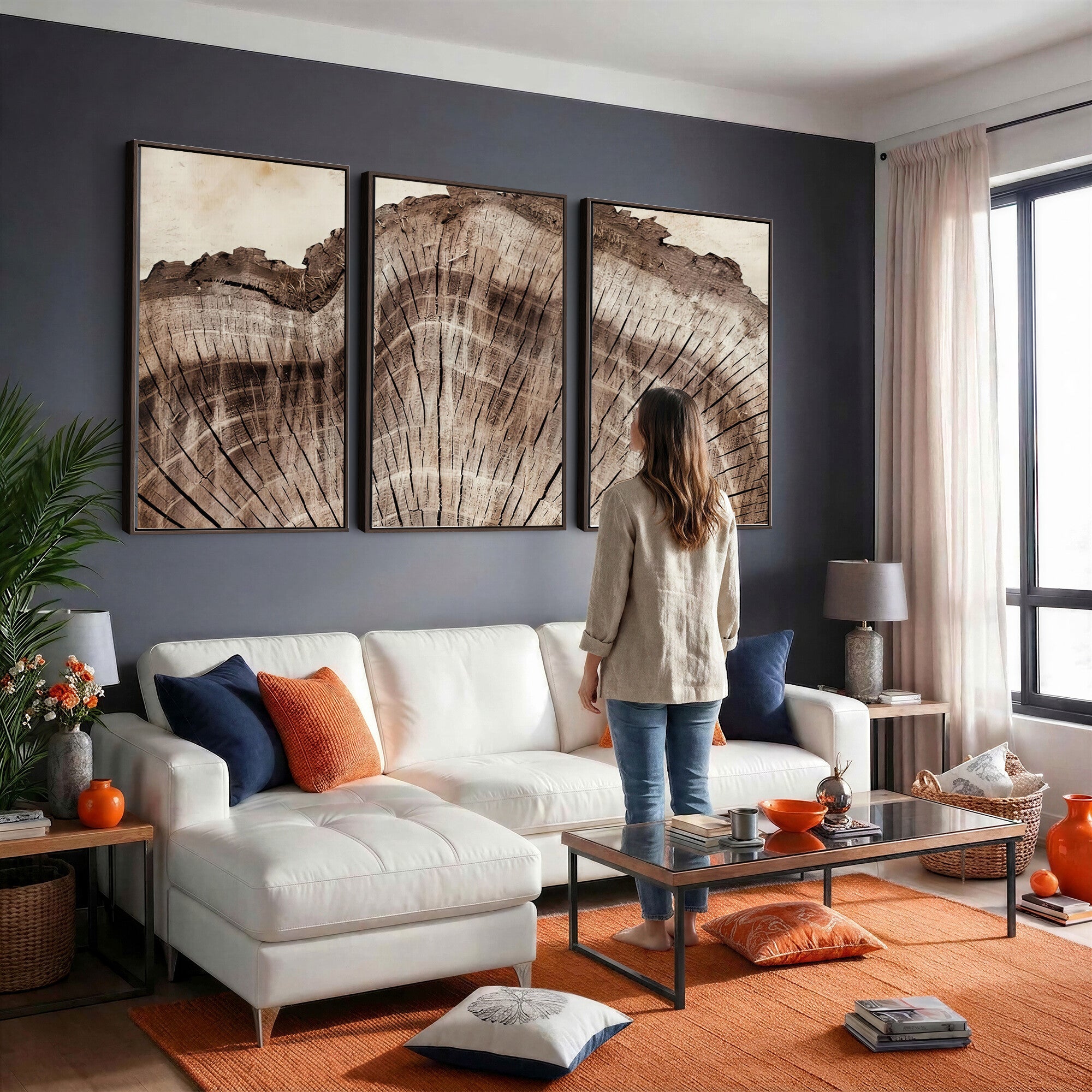 91280382-MGV-CV-60X30-3P - Tree Ring Canvas Wall Art in Neutral Earth Tones, Framed Wood Slice Print for Rustic and Japandi Interiors