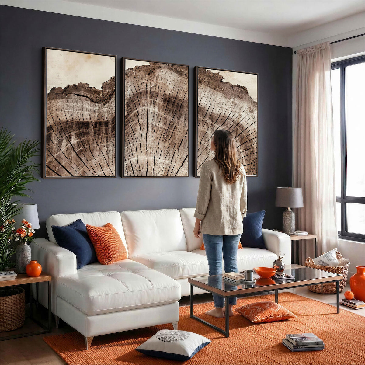 91280382-MGV-CV-60X30-3P - Tree Ring Canvas Wall Art in Neutral Earth Tones, Framed Wood Slice Print for Rustic and Japandi Interiors