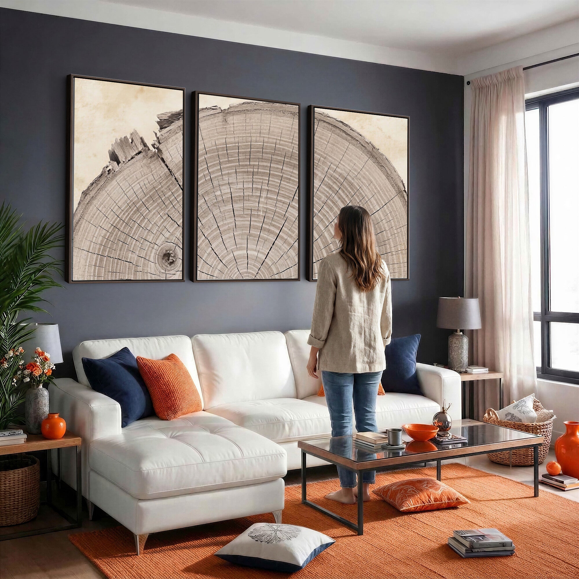 64174838-MGV-CV-60X30-3P - Tree Ring Canvas Wall Art in Neutral Earth Tones, Framed Wood Slice Print for Rustic and Japandi Interiors