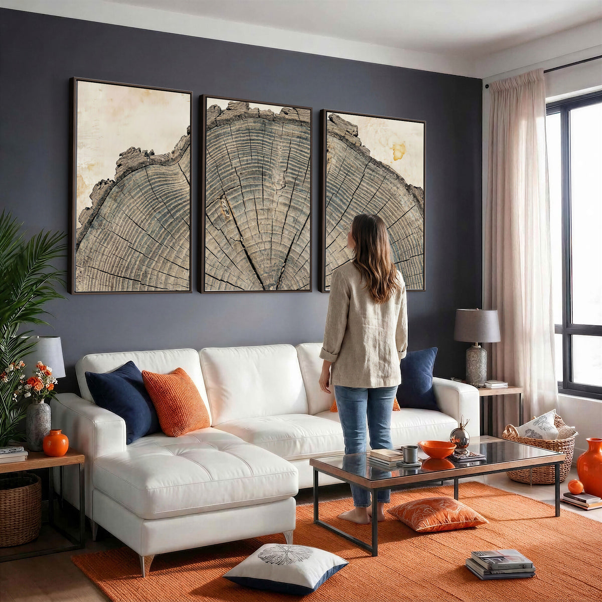 34201080-MGV-CV-60X30-3P - Tree Ring Canvas Wall Art in Neutral Earth Tones, Framed Wood Slice Print for Rustic and Japandi Interiors