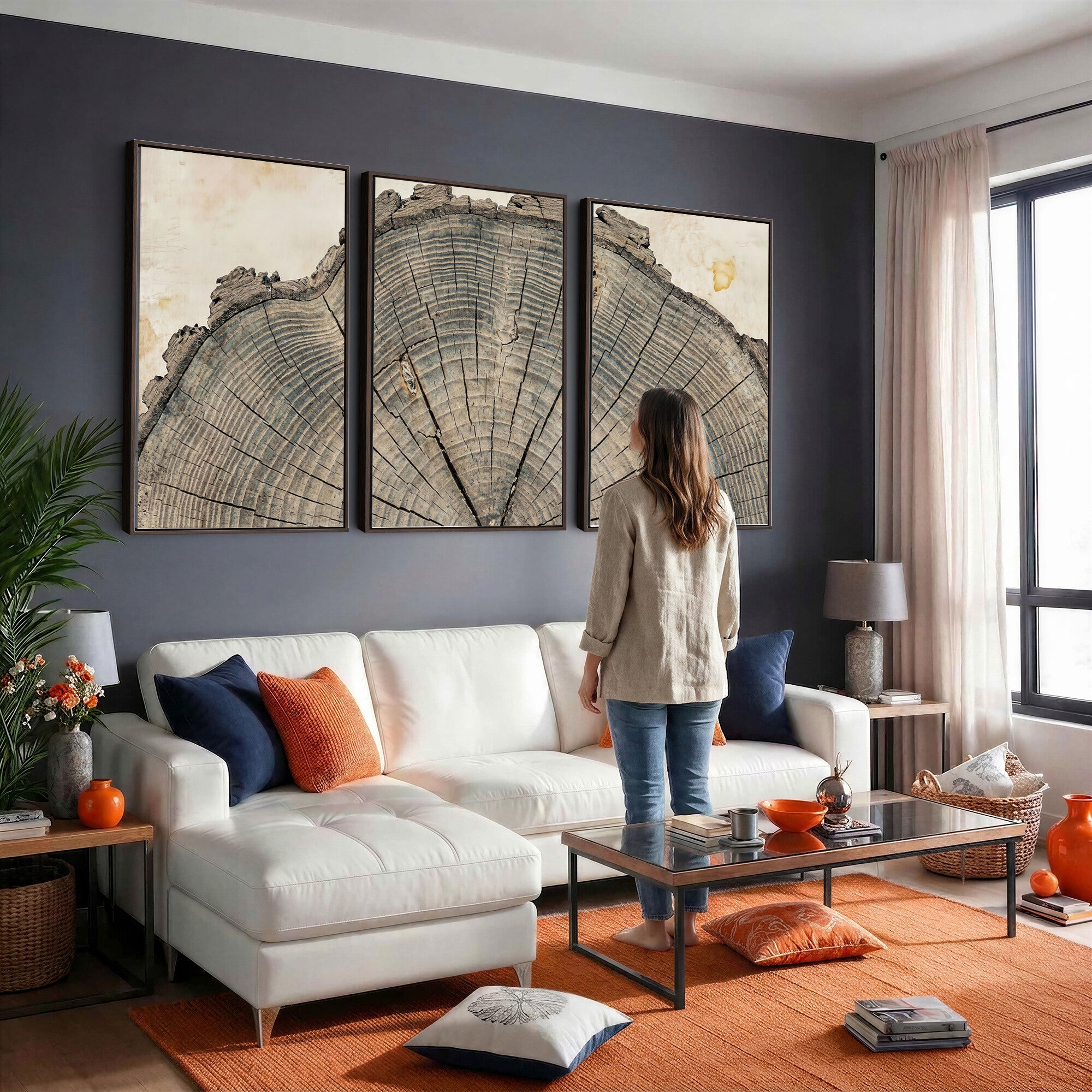 34201080-MGV-CV-60X30-3P - Tree Ring Canvas Wall Art in Neutral Earth Tones, Framed Wood Slice Print for Rustic and Japandi Interiors