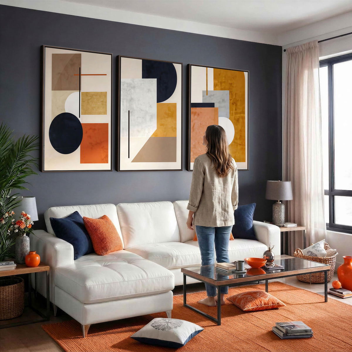 87361249-MGV-CV-48X32-3P - Mid Century Modern Geometric Canvas Wall Art, Abstract Triptych Print