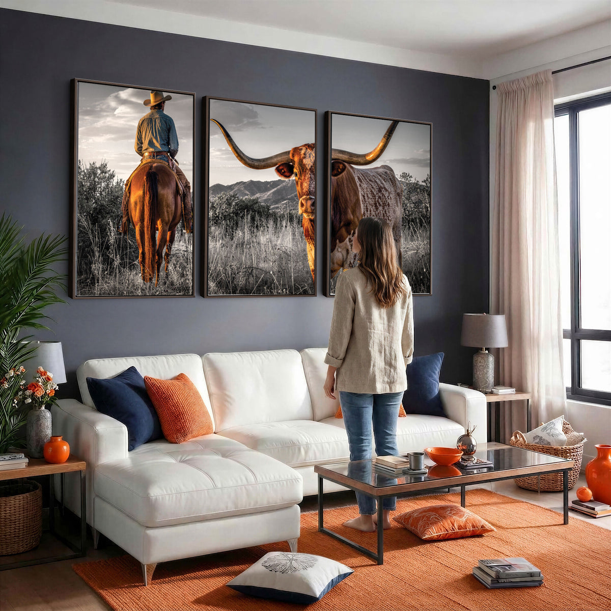 17066920-MGV-CV-60X30-3P - Extra Large Cowboy and Longhorn Wall Art Canvas Print
