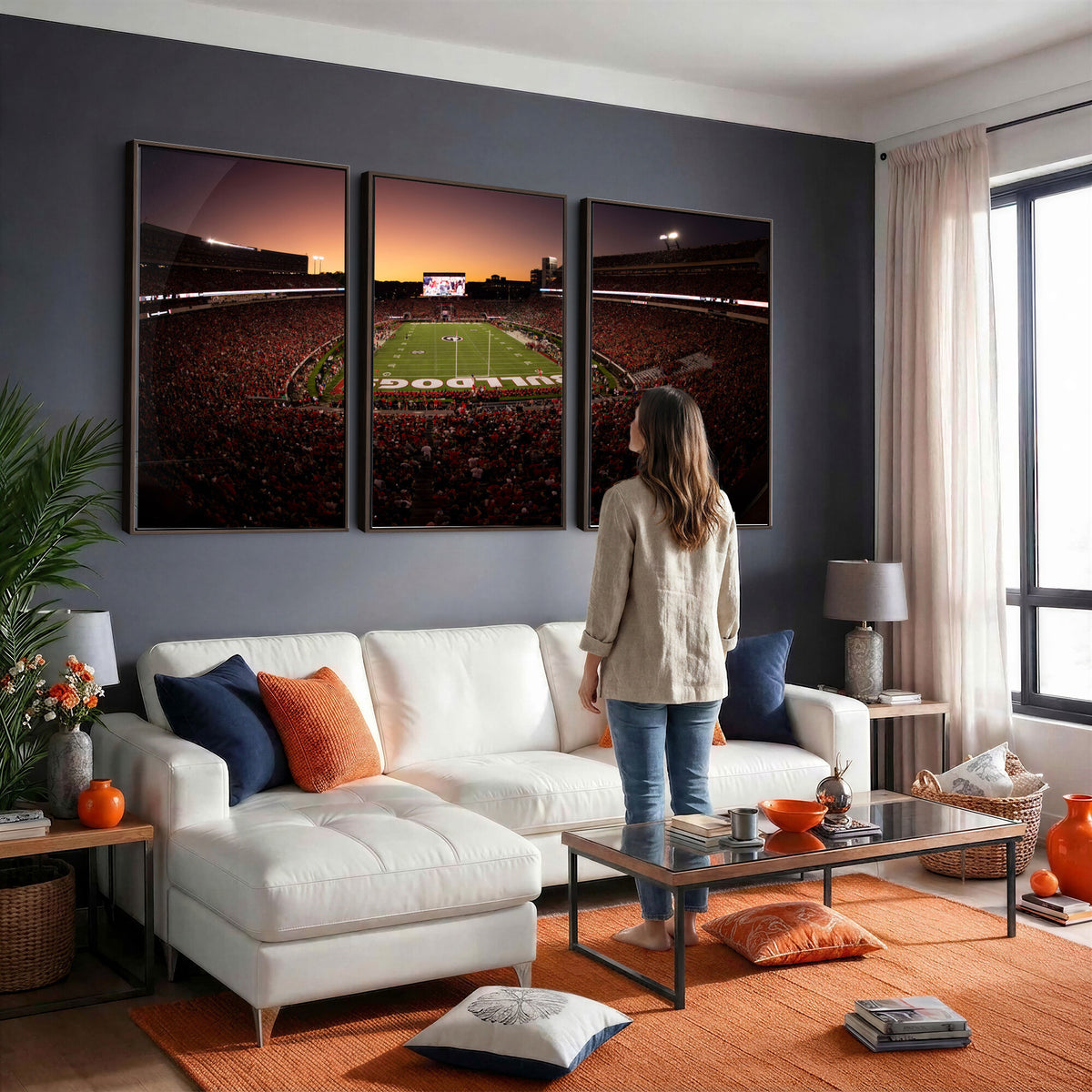 97720998-_Poster-30x20 - Georgia Bulldogs Stadium Sunset Canvas Print 3 Piece Framed Wall Art Extra Large Floating Frame Sports Poster Made in USA