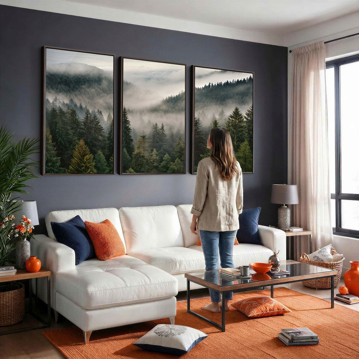 38409495-_Poster-30x20 - Misty Pine Valley Mountain Canvas Print 3 Piece Framed Wall Art Extra Large Floating Frame Nature Poster Made in USA